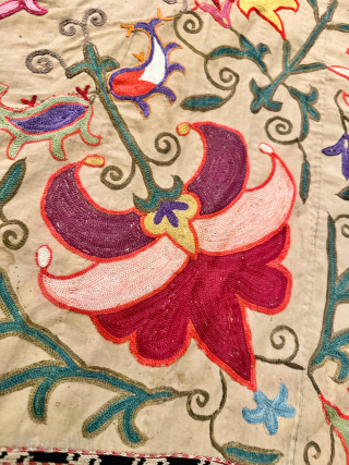 A fine antique Uzbek Shahrisabz silk embroidered mihrab suzani repurposed into a saddle cover / horse blanket. The original Suzani would have dated to the late 19th century / early 1900’s and  ...