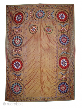 An Exceptional Antique Uzbek Silk on Silk Suzani / Susani from Shahrisabz region dating between late 19th Century and early 1900. Some wrongly attribute these types to Lakai group. The fine silk  ...