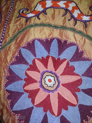 An Exceptional Antique Uzbek Silk on Silk Suzani / Susani from Shahrisabz region dating between late 19th Century and early 1900. Some wrongly attribute these types to Lakai group. The fine silk  ...