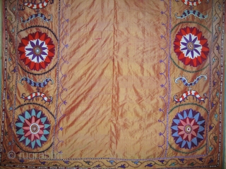An Exceptional Antique Uzbek Silk on Silk Suzani / Susani from Shahrisabz region dating between late 19th Century and early 1900. Some wrongly attribute these types to Lakai group. The fine silk  ...