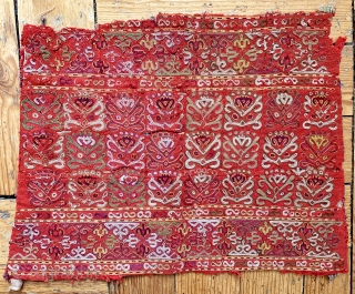 An exceptional antique Turkoman Turkmen Chodor tribe silk embroidered sleeve (opened) dating to the19th century. Chodor silk needlework were often done on red bannat trade cloth and were some of the finest  ...