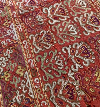 An exceptional antique Turkoman Turkmen Chodor tribe silk embroidered sleeve (opened) dating to the19th century. Chodor silk needlework were often done on red bannat trade cloth and were some of the finest  ...