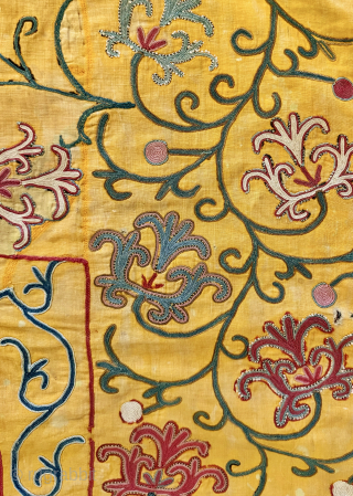A beautiful antique Uzbek silk embroidered suzani on a yellow cotton ground from rural Shahrisabz region.  Dating to the early 3rd quarter of the 19th century, it boasts an extremely fine  ...