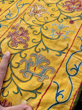 A beautiful antique Uzbek silk embroidered suzani on a yellow cotton ground from rural Shahrisabz region.  Dating to the early 3rd quarter of the 19th century, it boasts an extremely fine  ...