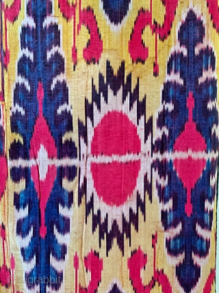 An excellent and rare antique Uzbek silk adras Ikat hanging from Bukhara / Bokhara, dating to the 3rd quarter of the 19th century. This beautiful example is a silk warp and red  ...