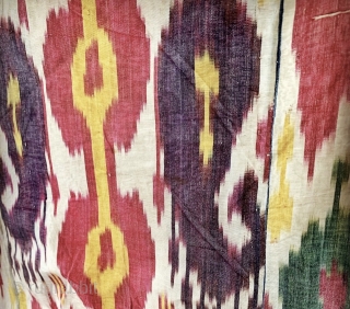 An Exceptional Antique 19th century Uzbek Adras Ikat hanging from Bokhara / Bukhara region. It is from the older period of Central Asian Ikat art with silk warped cotton weft and known  ...