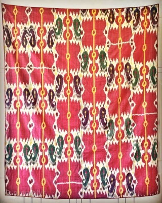 An Exceptional Antique 19th century Uzbek Adras Ikat hanging from Bokhara / Bukhara region. It is from the older period of Central Asian Ikat art with silk warped cotton weft and known  ...