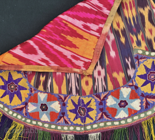 An excellent and very rare antique Uzbek silk embroidered Ikat ceremonial saddle cover, made in rural areas of Shahrisabz during the 19th century. This fine horse cover was a likely a bridal  ...