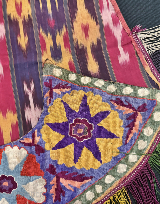 An excellent and very rare antique Uzbek silk embroidered Ikat ceremonial saddle cover, made in rural areas of Shahrisabz during the 19th century. This fine horse cover was a likely a bridal  ...