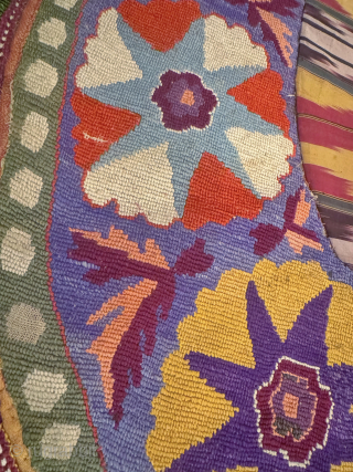 An excellent and very rare antique Uzbek silk embroidered Ikat ceremonial saddle cover, made in rural areas of Shahrisabz during the 19th century. This fine horse cover was a likely a bridal  ...