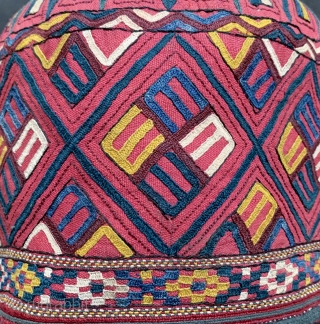 An exceptional antique Turkoman / Turkmen silk embroidered on silk bridal hat attributed to the Tekke / Teke tribe. Dating to the 19th century, this rare textile was an integral part of  ...