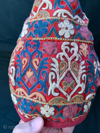 An exceptional antique Turkoman Turkmen Chodor tribe silk embroidered hat dating to the 19th century. Though the hat is somewhat fragmented, I think it was reduced from a larger hat and done  ...