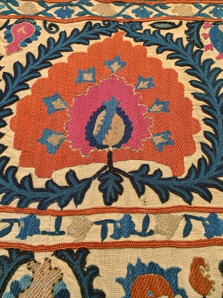 An exceptional antique Uzbek Bukhara silk suzani fragment dating to early 3rd quarter of the 19th century. The embroidery is exceptional with a combination of basma stitch (a local flag stitch) and  ...