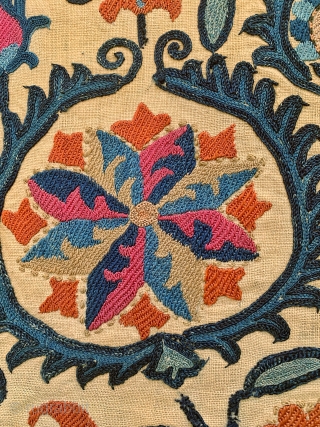 An exceptional antique Uzbek Bukhara silk suzani fragment dating to early 3rd quarter of the 19th century. The embroidery is exceptional with a combination of basma stitch (a local flag stitch) and  ...