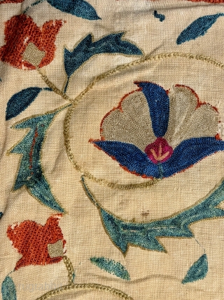 A beautiful and elegant antique silk suzani / susani from the 19th century Ura tube region. Suzanis are often attributed to the Uzbek people of Central Asia but these dowry embroideries were  ...
