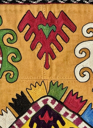 A magnificent antique Uzbek Lakai tribe silk embroidered talismanic ilgich hanging dating to the 19th century. These bridal embroideries were made as dowry offerings and hung on yurts / tents as symbolic  ...