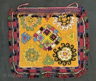 A magnificent antique Uzbek Lakai tribe silk embroidered talismanic ilgich hanging dating to the 19th century. These bridal embroideries were made as dowry offerings and hung on yurts / tents as symbolic  ...