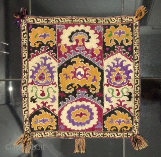 An antique Central Asian Embroidery Hanging (possibly Uzbek or Tajik ). It dates to late 19th century with mainly silk and some cotton and beaded work embroidery. A beautiful rare piece with  ...