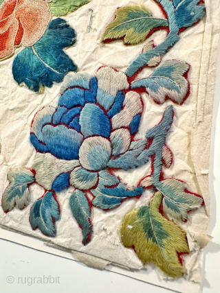 A extremely fine and very rare example of antique silk embroidered Imperial Chinese silk embroidery on paper from likely Early Qing / Ching / Tsing dynasty. Likely dates between 18th to early ...