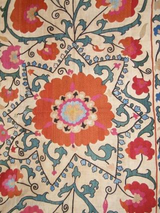 An enchanting suzani - Silk embroidery on hand-spun cotton ground - circa 1850.
It measures an ideal 216cm x 147cm (85" x 58") approx. A very find stitch with superb colours, all natural  ...