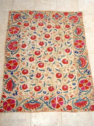A splendid Uzbek silk nim suzani from the oasis of Bukhara, dating back to the first half of the 19th century on account of its bold, uncluttered design and brilliant natural colour  ...