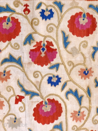 A splendid Uzbek silk nim suzani from the oasis of Bukhara, dating back to the first half of the 19th century on account of its bold, uncluttered design and brilliant natural colour  ...