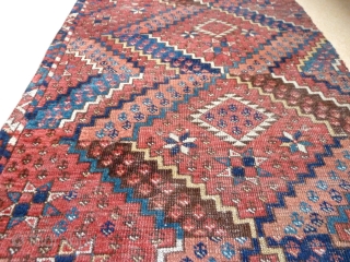 A beautiful fragment from an Ersari Beshir main carpet. Middle Amu Darya region, early 19th Century. The four sides are secured by ticking sewn on the back. 4'2" x 2'6" / 127  ...