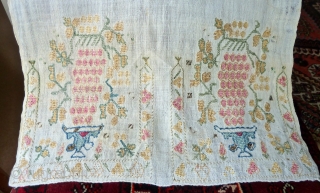 An attractive Ottoman or Greek Island embroidered panel, silk and metal thread on linen. Chalices with bunches of grapes. 40 x 98 cm. Circa 1800.        