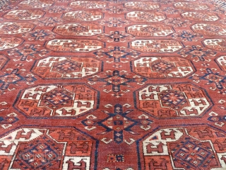 A mid-19th Century Kizil Ayak Turkmen main carpet, 3x2m. Excellent colour with subtle variations of design make this earlier example more interesting than most of its type. One or two small repairs  ...