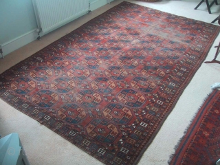 A mid-19th century Ersari main carpet, rather worn in one half of the field. Good early colours and border design.             