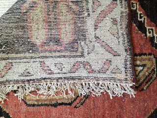 A rare Persian tribal rug, possibly a Bakhtiari khersak. The field is natural dark long staple wool, woven on a handspun cotton foundation. 186 x 100 cm, 6'1"x 3'3".    