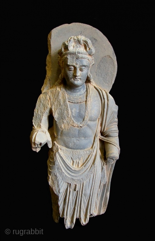 Beautiful Grey Schist Gandhara Bodhisattva. 2nd to 3rd Century, Afghanistan/Pakistan border area. 34"tall(86cm) x 13"wd (33cm).
Please contact us for more photos and information.          