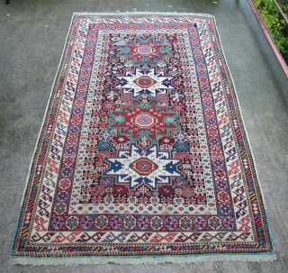 Beautiful Leshgi Rug, 3rd Qt. 19th century. Nice large format, 6'9" x 4' 0". Some small reweaves to corroded browns, otherwise excellent condition with original sides and ends. All natural dyes.  