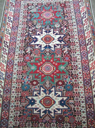 Beautiful Leshgi Rug, 3rd Qt. 19th century. Nice large format, 6'9" x 4' 0". Some small reweaves to corroded browns, otherwise excellent condition with original sides and ends. All natural dyes.  