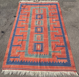 Vibrant Yüncü Kilim featuring bold geometric motifs in red, blue, and beautiful green tones. Size is 185x146cm please contact me by email at : jakezacharybrown@outlook.com        