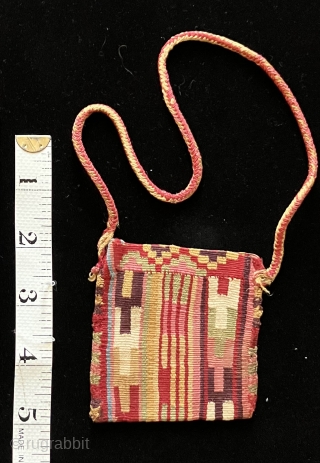 Highest quality, miniature pre-Columbian coca bag of exceptional rarity and condition.  2 7/8 x 2 7/8 inches.  A.D. 600 - 900. Colors are exquisite and the weave remarkably fine.   ...