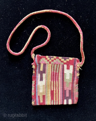Highest quality, miniature pre-Columbian coca bag of exceptional rarity and condition.  2 7/8 x 2 7/8 inches.  A.D. 600 - 900. Colors are exquisite and the weave remarkably fine.   ...