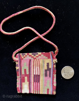 Highest quality, miniature pre-Columbian coca bag of exceptional rarity and condition.  2 7/8 x 2 7/8 inches.  A.D. 600 - 900. Colors are exquisite and the weave remarkably fine.   ...