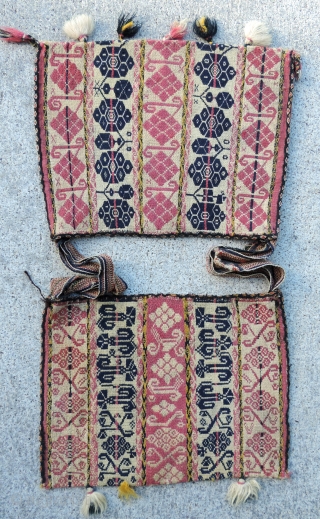 Aymara Alforjas, (carrying bags).  Late Colonial Period, Bolivia.  18th century.  Warp-faced woven bags such as these were  worn over the shoulders.  They are always made in pairs,  ...