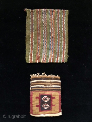 Two Inca period coca bags. A.D. 1400 - 1532.  These two small, interesting coca bags were woven in different structures. The smaller of the two bags is a rare, classic Incan  ...