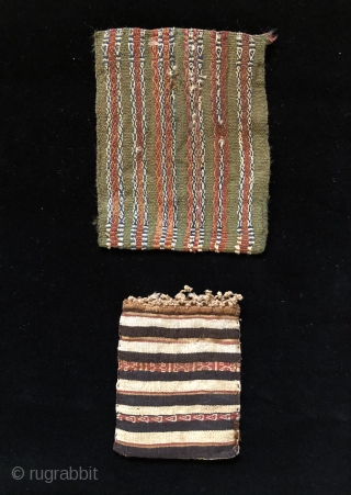 Two Inca period coca bags. A.D. 1400 - 1532.  These two small, interesting coca bags were woven in different structures. The smaller of the two bags is a rare, classic Incan  ...