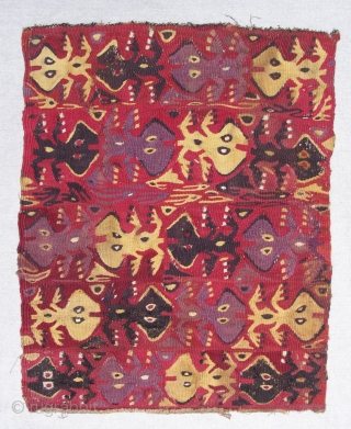 Busy little frogs.  Pre-Columbian tapestry woven amphibians. Peru, Pachacamac/Rimac cultures.1000 to 1476 AD.  Size: 13 x 16 inches.             