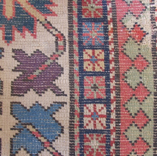 Early Caucasian Long Rug, South Caucasus, Mid 19th century, 50 x 119 inches.  Lots of excellent, natural colors.  Very good condition with losses to the ends and minor repairs. Needs  ...