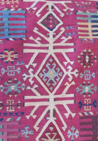 Anatolian Kilim made into divider curtains.  19th century.  Reyhanli area.  Te half kilim was cut and a lining with hooks for hanging was sewn to each piece.  A  ...