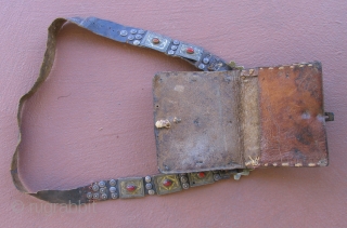 Turkmen Amulet Pouch, Tekke tribes. 19th century.  Leather, fire gilded silver and carnelian.                   