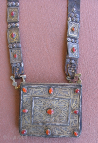 Turkmen Amulet Pouch, Tekke tribes. 19th century.  Leather, fire gilded silver and carnelian.                   