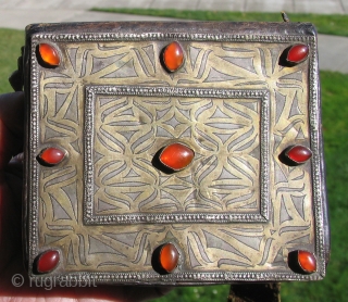 Turkmen Amulet Pouch, Tekke tribes. 19th century.  Leather, fire gilded silver and carnelian.                   