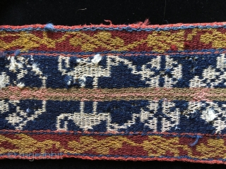 Five 19th century warp-faced woven belts from the high Andes.  Woven by Aymara Indians in the Altiplano region of Bolivia using fine alpaca fiber yarns in a complimentary warp-faced weave.   ...