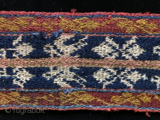 Five 19th century warp-faced woven belts from the high Andes.  Woven by Aymara Indians in the Altiplano region of Bolivia using fine alpaca fiber yarns in a complimentary warp-faced weave.   ...