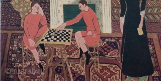 Detail of one of my favorite Matisse paintings showing a 19th century "Afghan" Rug on the floor.  Likely painted in the early 20th century.  Titled: "Portrait de Famille". Note the  ...